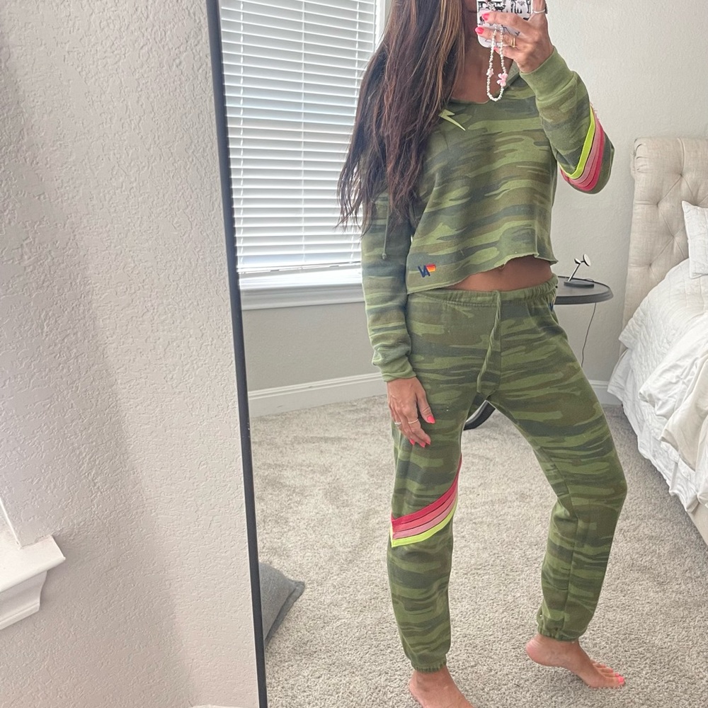 Aviator Nation Green Camo Track Pants and Top with Pink and Yellow Stripes - Picture 3 of 6